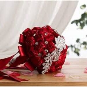 ⭐️hollyhome Red Satin Wedding Bouquet with Rhinestone, and White Faux Pearls⭐️